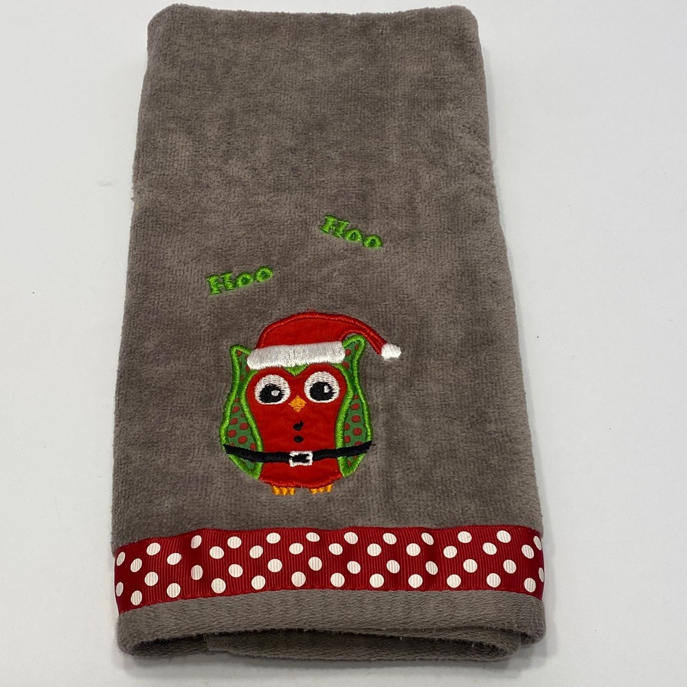 December Home Christmas Hand Towel Grey Excellent Embroidered Owl Santa